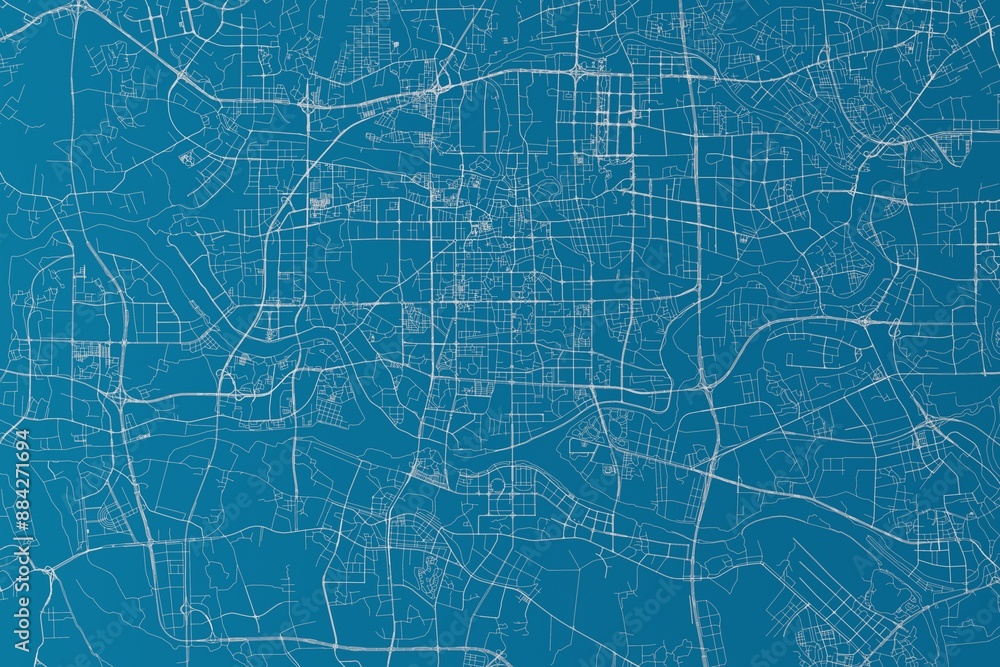 Map of the streets of Foshan (China) made with white lines on blue background. 3d render, illustration Map of the streets of Foshan (China) made with white lines on blue background. 3d render, illustration