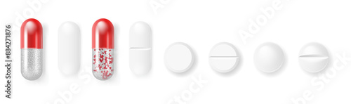Pills and capsules Medicines tablets, capsules drug of painkillers, antibiotics vitamins. isolated on white background. Vector illustration