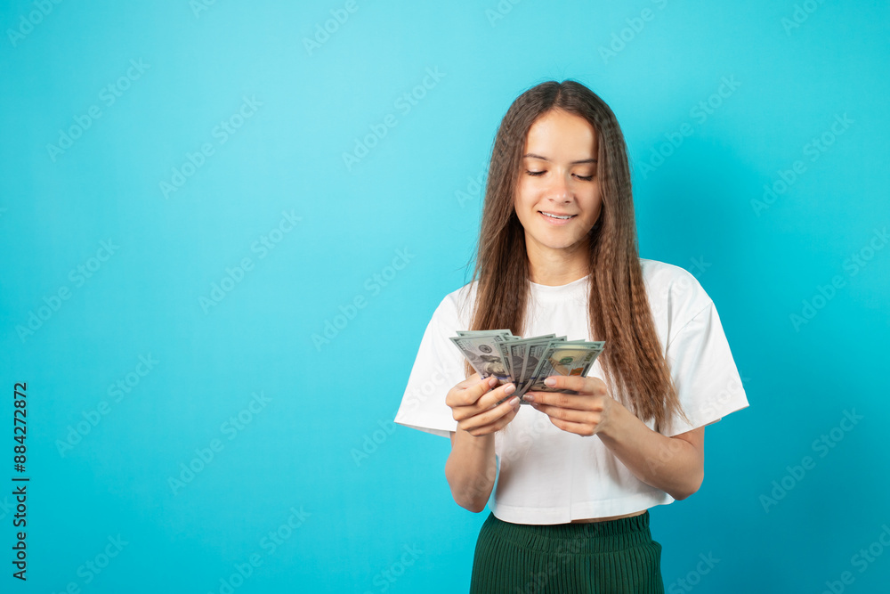 Money cash, teenage girl with dollars, positive adolescent and global currency, economic growth, banking exchange. Money cash, teenage girl with dollars, positive adolescent and global currency, economic growth, banking exchange.