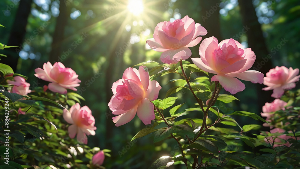 Obraz premium Elegant Camellia Blossoming Under Sunlight in Nature Forest.