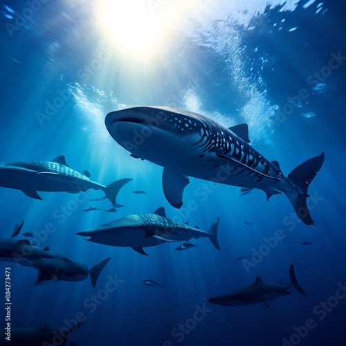 A group of sharks swimming in a clear blue ocean. There is one very large whale shark among them. photo