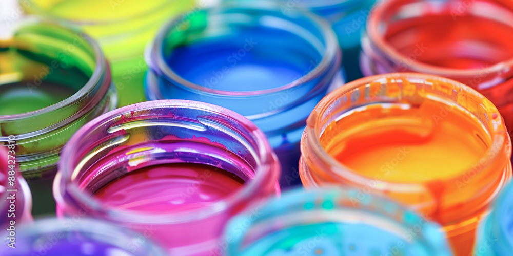 Open Gouache Paint Jars: Close-Up Collection of Vibrant Colorful Paints in Open Glass Jar Containers - Artistic and Creative Background for Art Projects, DIY Crafts, and Decoration Open Gouache Paint Jars: Close-Up Collection of Vibrant Colorful Paints in Open Glass Jar Containers - Artistic and Creative Background for Art Projects, DIY Crafts, and Decoration