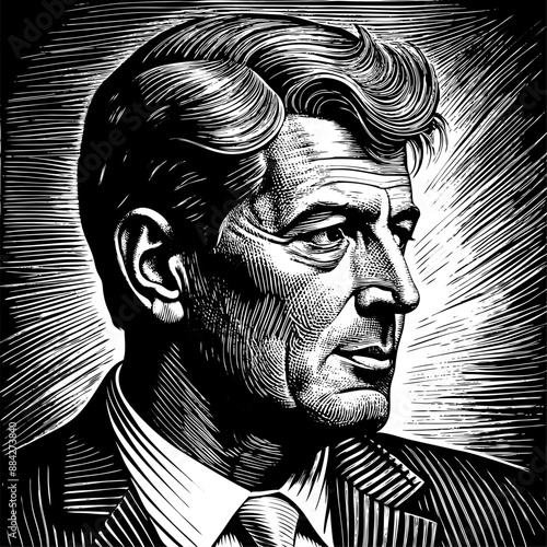 A monochrome drawing of a man in a suit and tie with facial hair and wrinkles