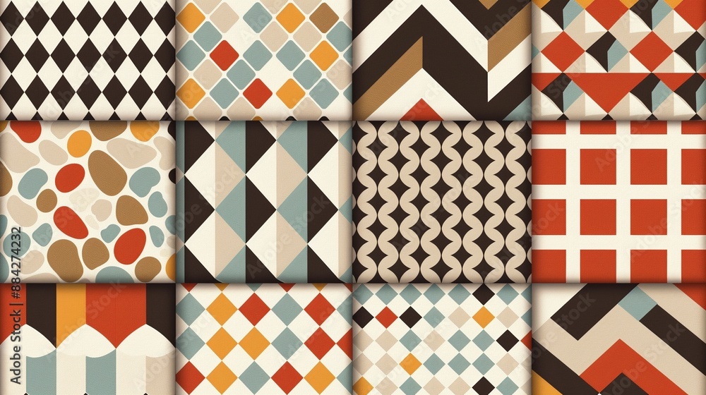 Obraz premium Retro design with vintage patterns, nostalgic style and charming concept, an organized layout with distinctive motifs, flat design illustration