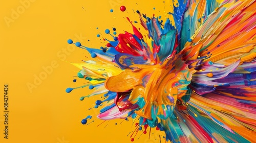 Vibrant Paint Explosion from Brush on Yellow