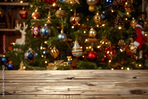 Christmas background empty wooden table on the foreground and an out of focus Christmas trre on the background