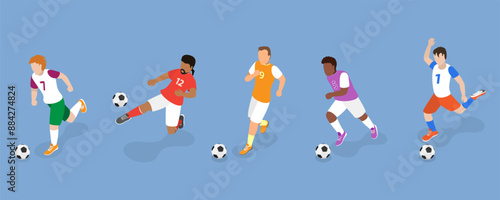 3D Isometric Flat Vector Set of Soccer Players, Diverse Football Characters