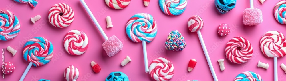 Colorful lollipops scattered on a pink background. Colorful lollipops scattered on a pink background.