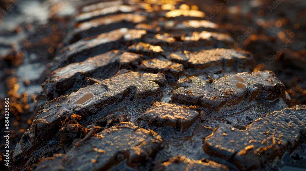 Close-up of a muddy tire tread pattern, highlighting textures and details on an off-road vehicle tire in natural light. Close-up of a muddy tire tread pattern, highlighting textures and details on an off-road vehicle tire in natural light.