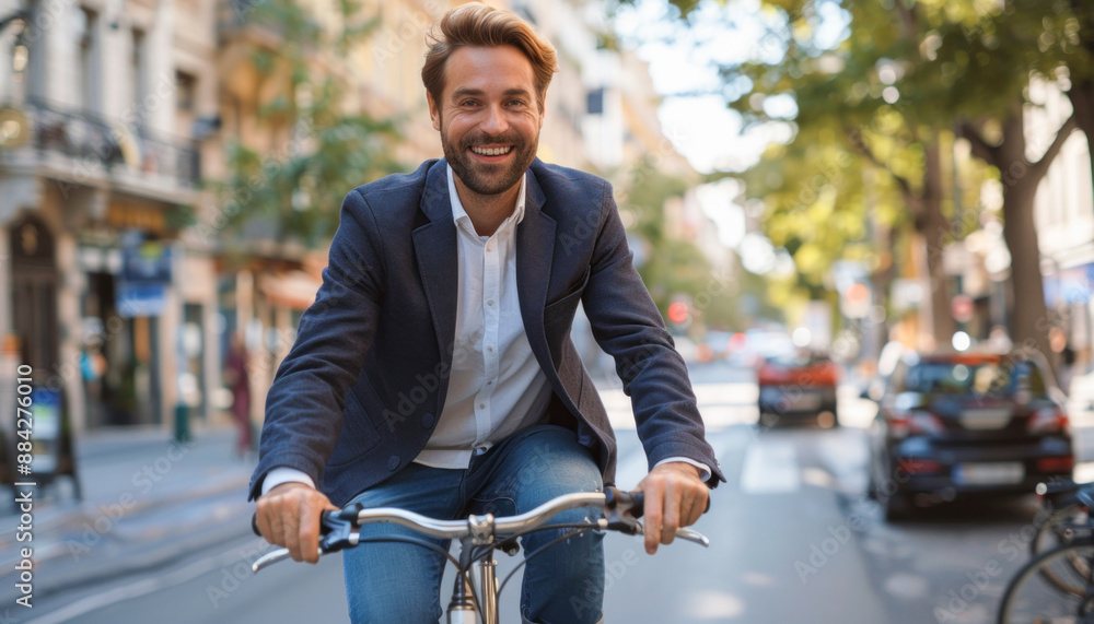 Fototapeta premium In the city, a gentleman dressed in formal attire is happily bicycling on the street