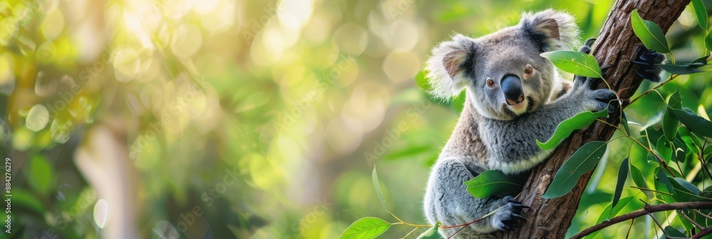Save the koala day. Horizontal banner. Cute koala sits on a eucalyptus tree, green background. Concept of wildlife protection, environmental conservation. International Wild Koala Day. Copy space Save the koala day. Horizontal banner. Cute koala sits on a eucalyptus tree, green background. Concept of wildlife protection, environmental conservation. International Wild Koala Day. Copy space