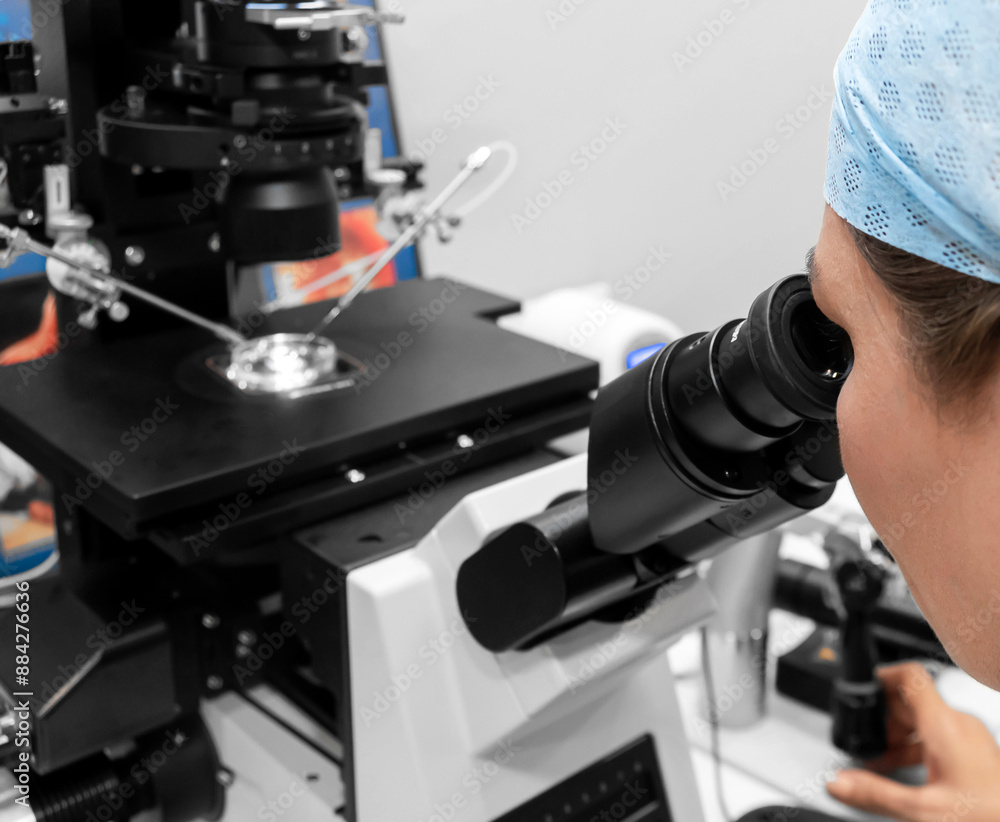 Embryologist adding sperm to egg in laboratory of reproductive clinic. in vitro fertilization, egg freezing. injects one sperm into each egg by microinjection. intracytoplasmic Sperm injection. IMSI
Embryologist adding sperm to egg in laboratory of reproductive clinic. in vitro fertilization, egg freezing. injects one sperm into each egg by microinjection. intracytoplasmic Sperm injection. IMSI