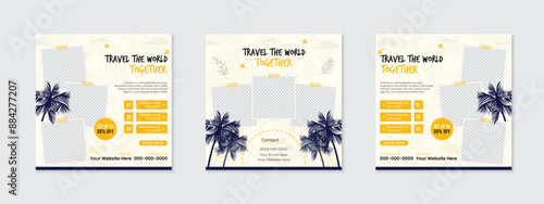 New creative travel social media post bundle set with editable vector illustration of beach trees, tour tourism holiday packages ads promotion square web banner business agency marketing template