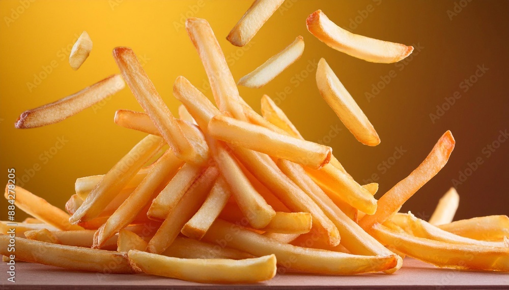 French fries flying on a yellow background close-up. fast food concept
French fries flying on a yellow background close-up. fast food concept