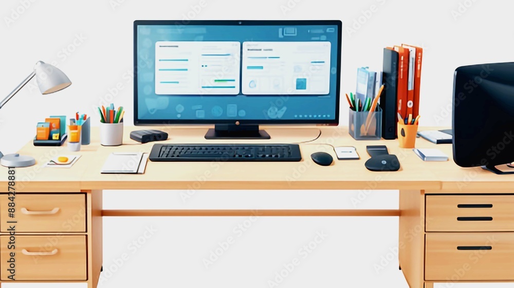 Blank screen of monitor in computer on wooden office desk in stylish business room with white wall and mock up. Light interior of office space with plants and laptop in vintage style. Banner. Blank screen of monitor in computer on wooden office desk in stylish business room with white wall and mock up. Light interior of office space with plants and laptop in vintage style. Banner.
