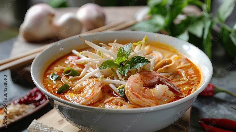 Delicious bowl of Laksa, a popular Southeast Asian soup dish Delicious bowl of Laksa, a popular Southeast Asian soup dish