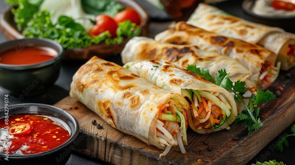 Delicious Spring Rolls on a Wooden Board Delicious Spring Rolls on a Wooden Board