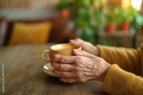 Elderly white woman's hands holding a warm cup of tea at home. Concept for comfort, relaxation, and the simple joys of senior life, promoting warmth and tranquility photo