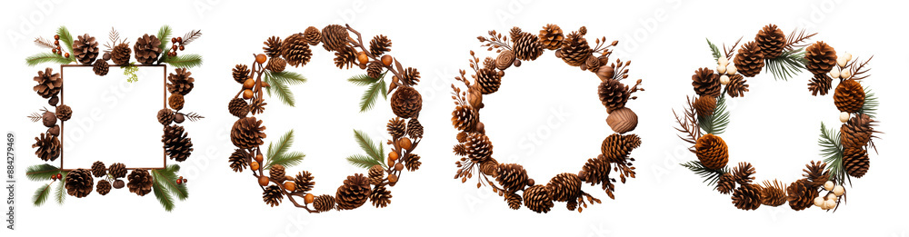 Fototapeta premium Set of pinecone frames/ wreaths. Seasonal natural material decor.