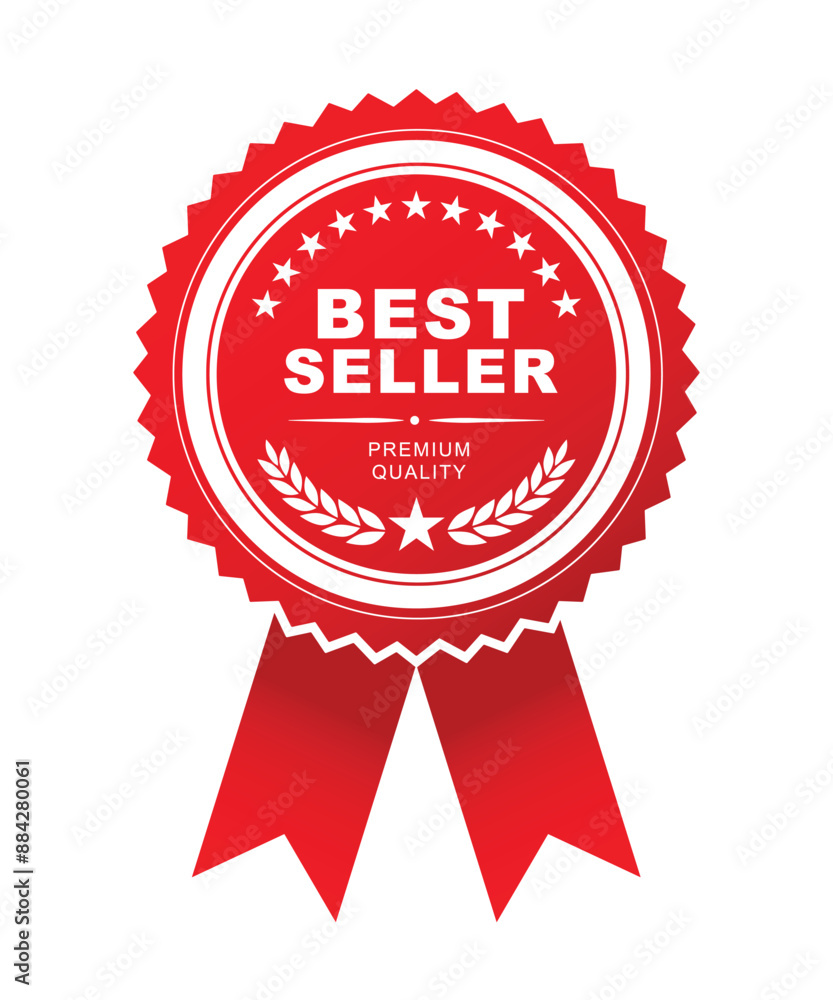 Best seller sticker label with ribbon, red badge and red ribbon with Stars and laurel wreath Decoration vector isolated Premium Quality text product, for book cover label or your product the Best. Best seller sticker label with ribbon, red badge and red ribbon with Stars and laurel wreath Decoration vector isolated Premium Quality text product, for book cover label or your product the Best.