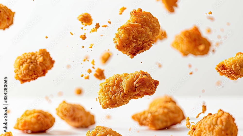 Fried chicken nuggets falling in the air on blank background with copy space. nuggets banner. Fast food Fried chicken nuggets falling in the air on blank background with copy space. nuggets banner. Fast food