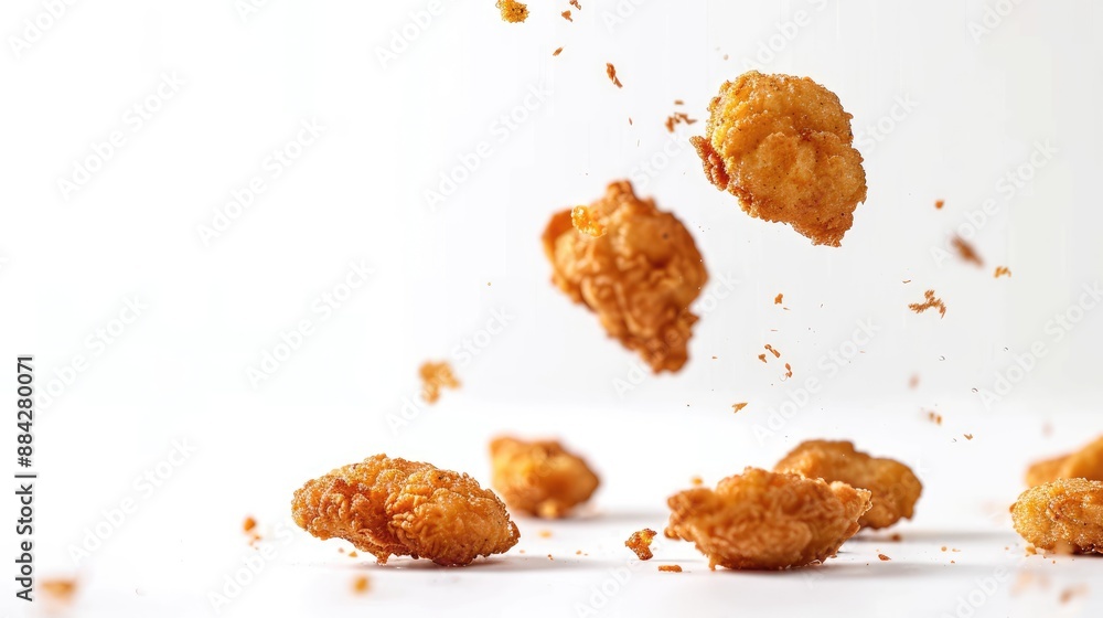 Fried chicken nuggets falling in the air on blank background with copy space. nuggets banner. Fast food Fried chicken nuggets falling in the air on blank background with copy space. nuggets banner. Fast food