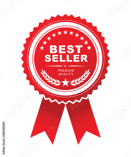 Best seller sticker label with ribbon, red badge and red ribbon with Stars and laurel wreath Decoration vector isolated Premium Quality text product, for  book cover label or your product the Best.
