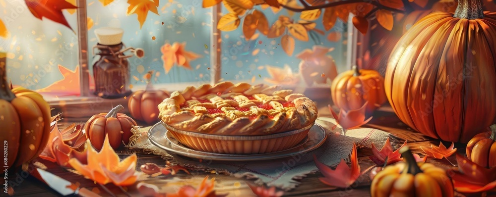 Cozy autumn scene with a delicious pumpkin pie surrounded by fall leaves, pumpkins, and warm colors, perfect for the fall season. Cozy autumn scene with a delicious pumpkin pie surrounded by fall leaves, pumpkins, and warm colors, perfect for the fall season.