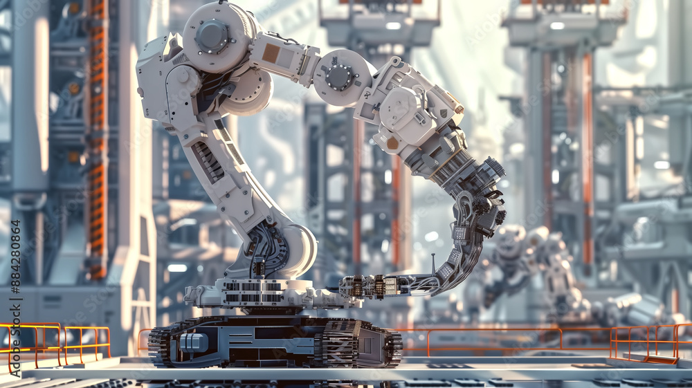 AI Robotic Humandroid Factory 3D Concept: Automated Robot Arm As AI Robotic Humandroid Factory 3D Concept: Automated Robot Arm As