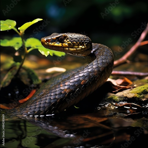 Northern Water Snake Coiled in the Shallow Water