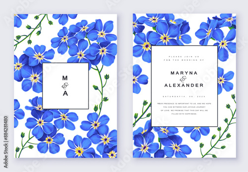 Greeting or invitation card template design with blue forget-me-not flowers in realistic style with high detail. Hand drawn vector poster, invitation, card, cover, party or social media template