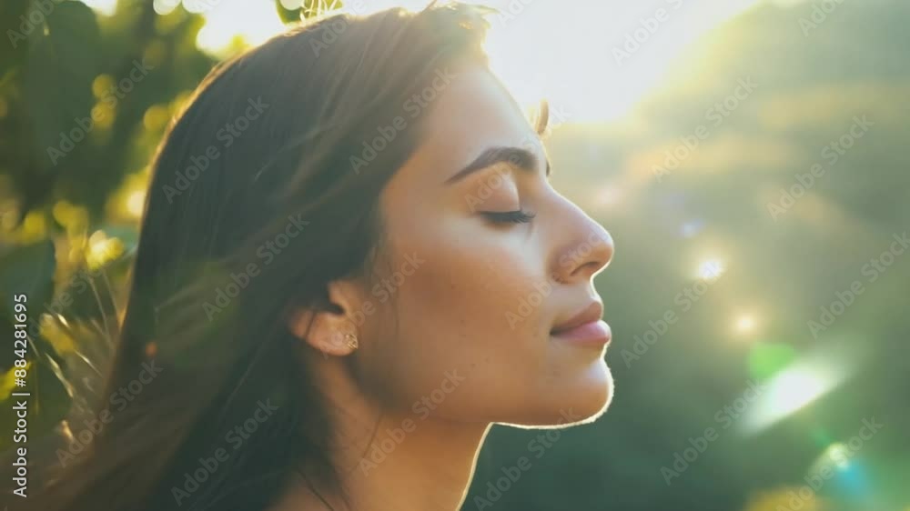 Young woman with long hair enjoying sun with closed eyes getting ...