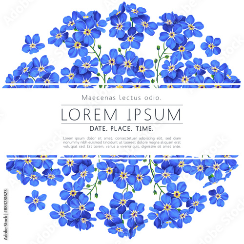 Floral botanical frame design with space for text. Spring pattern with bright blue forget-me-not flowers. Template for cards, posters, announcements, print for clothes, wedding invitations, cover