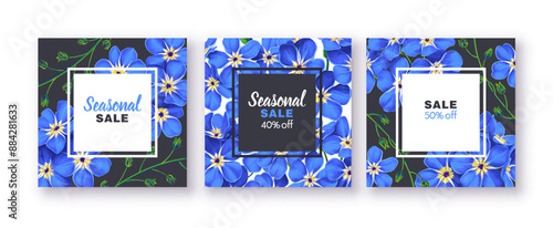 Spring sale banner with blue forget-me-not flowers. Can be used as greeting, invitation, design template, cover, party ad. Square card template. Realistic highly detailed plants in vector