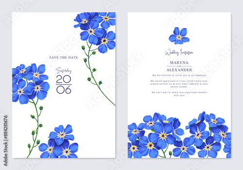 Spring, trendy, greeting or invitation card, template design with forget-me-not flowers in realistic style with high detail. Hand drawn, vector poster, card, cover, party, or social media template