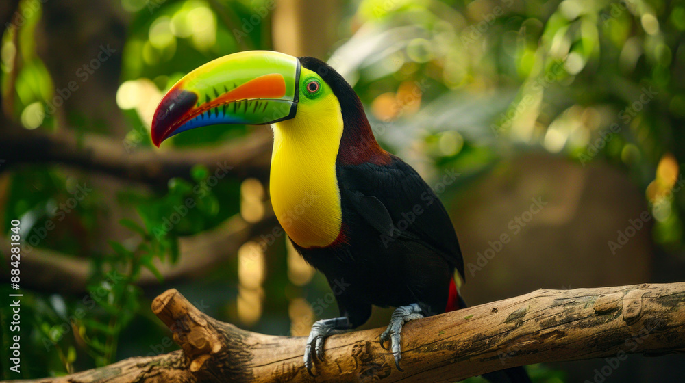Naklejka premium Colorful keel-billed toucan perched on a branch in a lush tropical rainforest, vibrant plumage and distinctive beak, wildlife and nature photography