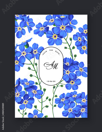 Spring, trendy, greeting or invitation card, template design with forget-me-not flowers in realistic style with high detail. Hand drawn vector poster, card, cover, party or social media template