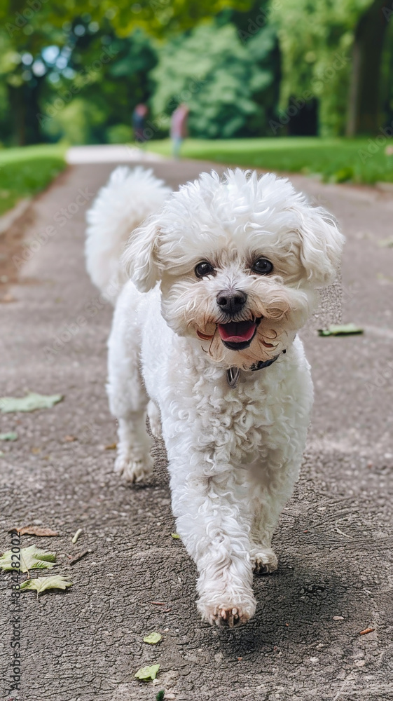 Bichon Frise. Generated image. A digital rendering of a happy bichon frise dog smiling and walking in a park towards a camera. Bichon Frise. Generated image. A digital rendering of a happy bichon frise dog smiling and walking in a park towards a camera.