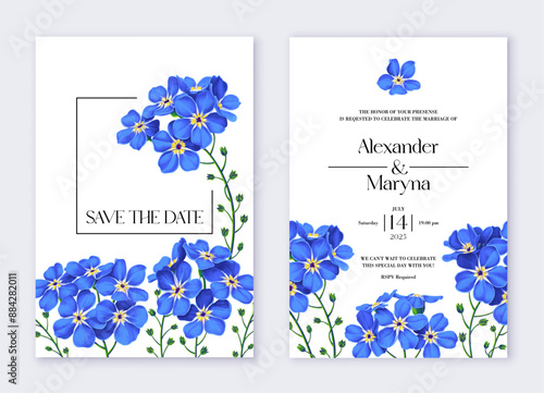 Floral wedding invitation card template design, blue forget-me-not flowers. Design with high detail, vector, realistic spring flowers. Save the Date and RSVP Collection. Template for social networks