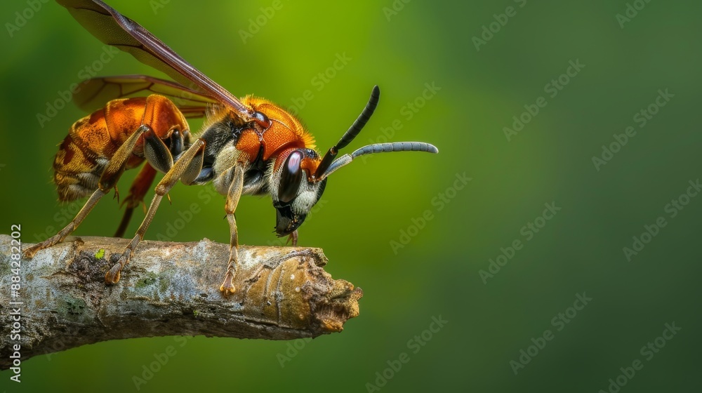Focus Photo of a Wasp on a Branch with Green Background Focus Photo of a Wasp on a Branch with Green Background