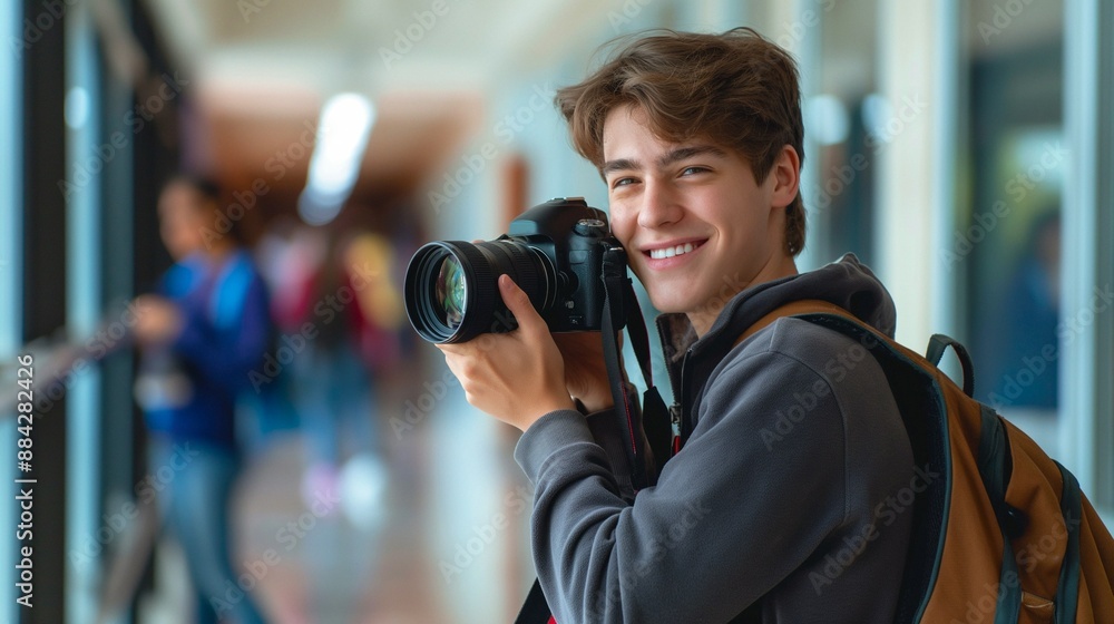 Teen photographer capturing school news: Smiling teenage boy with a camera in hand, taking photos for the school newspaper. Represents youth journalism, education, and student activities Teen photographer capturing school news: Smiling teenage boy with a camera in hand, taking photos for the school newspaper. Represents youth journalism, education, and student activities