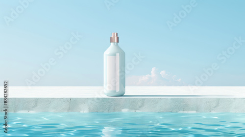 product photo of one white bottle, standing upright on an empty poolside background. set against a clear summer sea backdrop