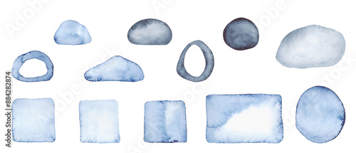 Decorative abstract elements for design, decoration, marine isolated stones, watercolor illustration, hand-drawn. Blue, indigo geometric spots with a watercolor texture. photo