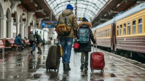 Refugees with luggage walking along train station platform on a rainy day