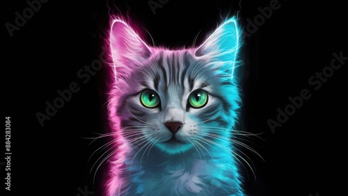 A close up of a cat with glowing eyes and neon colors, AI