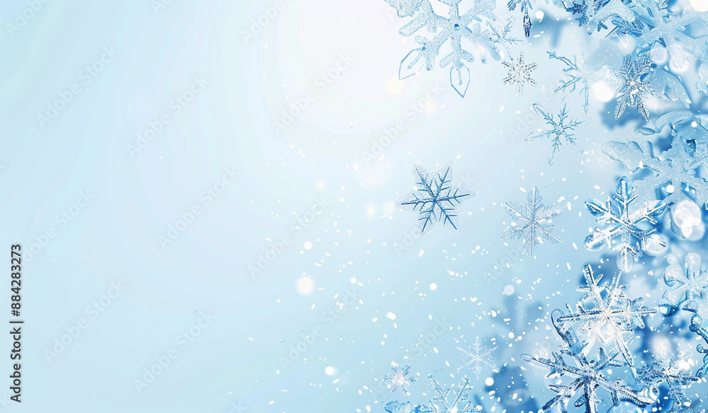 A background of light blue with snowflakes falling in the center, creating an atmosphere suitable for Christmas and New Year events. A background of light blue with snowflakes falling in the center, creating an atmosphere suitable for Christmas and New Year events.