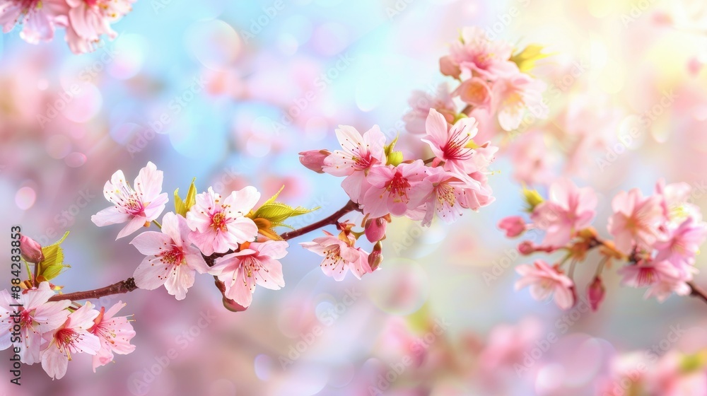 Horizontal banner with delicate pink sakura flowers on a branch, set against a blue sky, perfect for spring visuals. - Horizontal banner with delicate pink sakura flowers on a branch, set against a blue sky, perfect for spring visuals. -