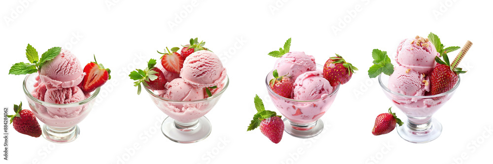 Four different ice cream flavors with strawberries on top, isolated on transparent background Four different ice cream flavors with strawberries on top, isolated on transparent background