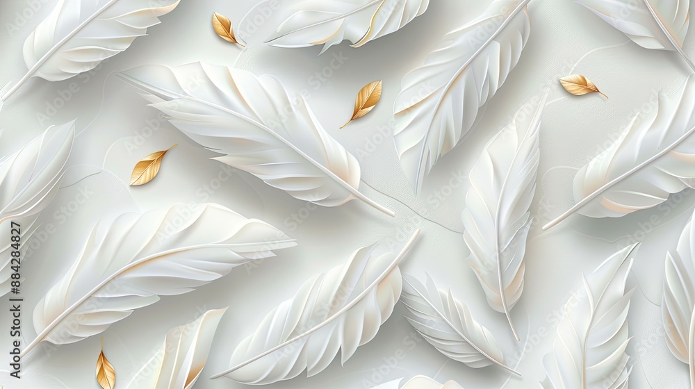 seamless pattern featuring a 3D illustration of white feathers with golden petals. White airy background seamless pattern featuring a 3D illustration of white feathers with golden petals. White airy background