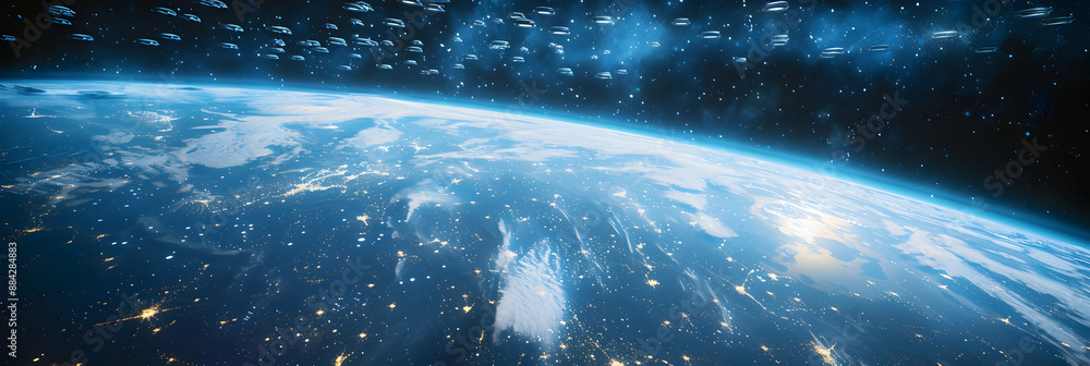 Obraz premium Futuristic solar planet with an interconnected network of space habitats, orbiting the planet in perfect harmony 